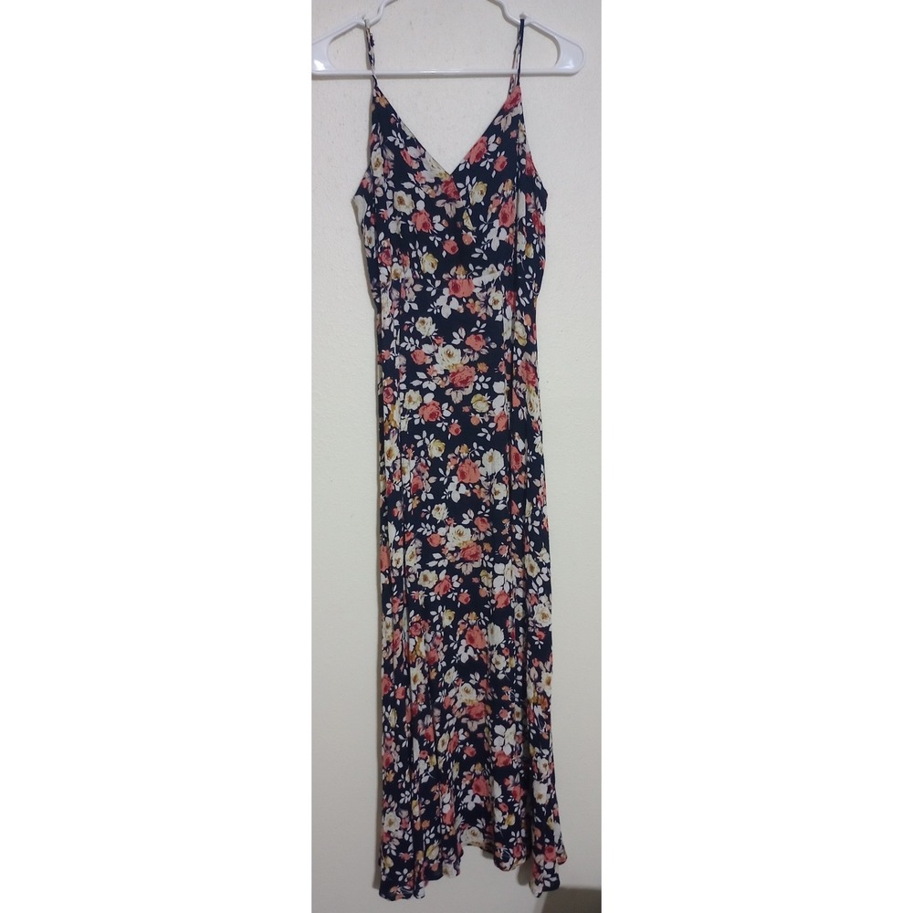 Lulus Floral Maxi Dress Navy Blue Peach Cream V-Neck Spaghetti Strap Small